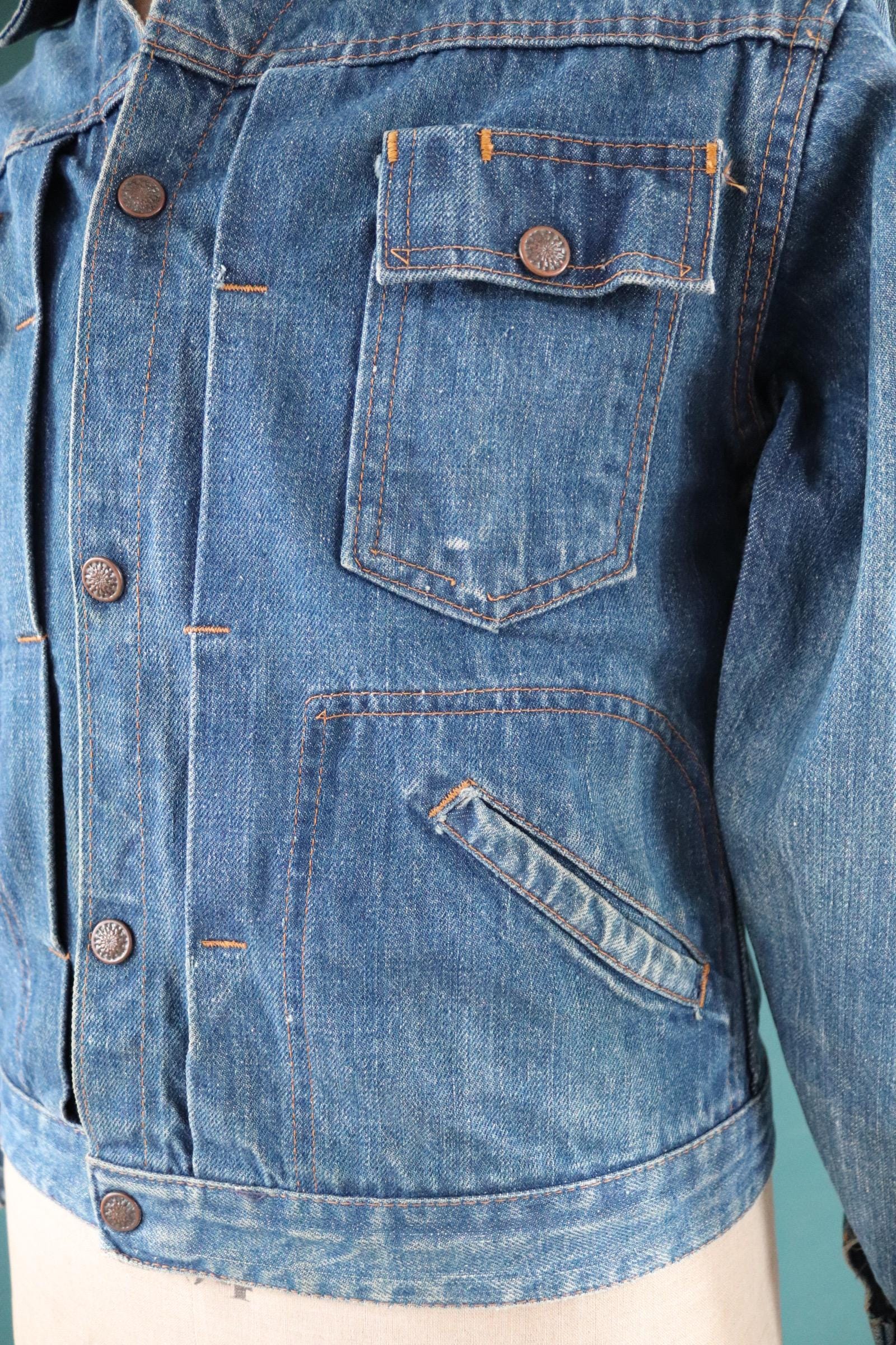 Vintage 1970s selvedge denim jacket - type two pleated - hand painted - 38" chest