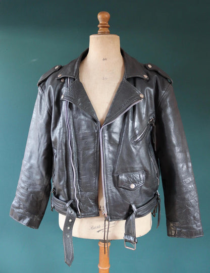 Vintage 1980s black leather biker jacket - 46” chest