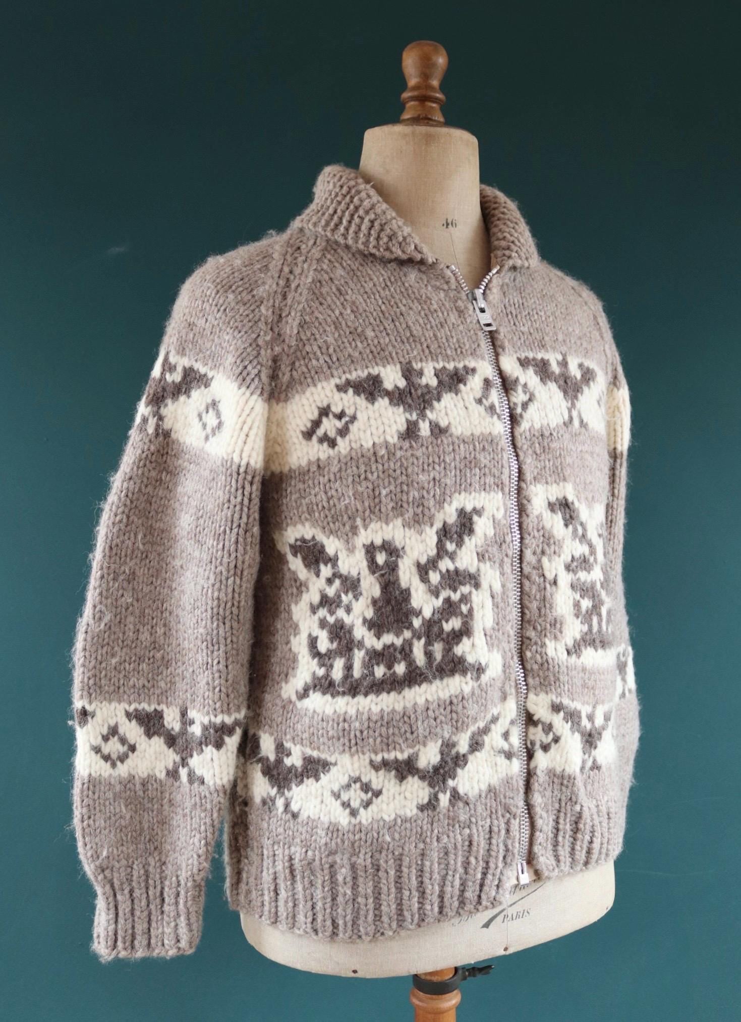 Vintage 1970s Cowichan wool cardigan - hand knitted - 1980s chunky winter sweater - 42" chest