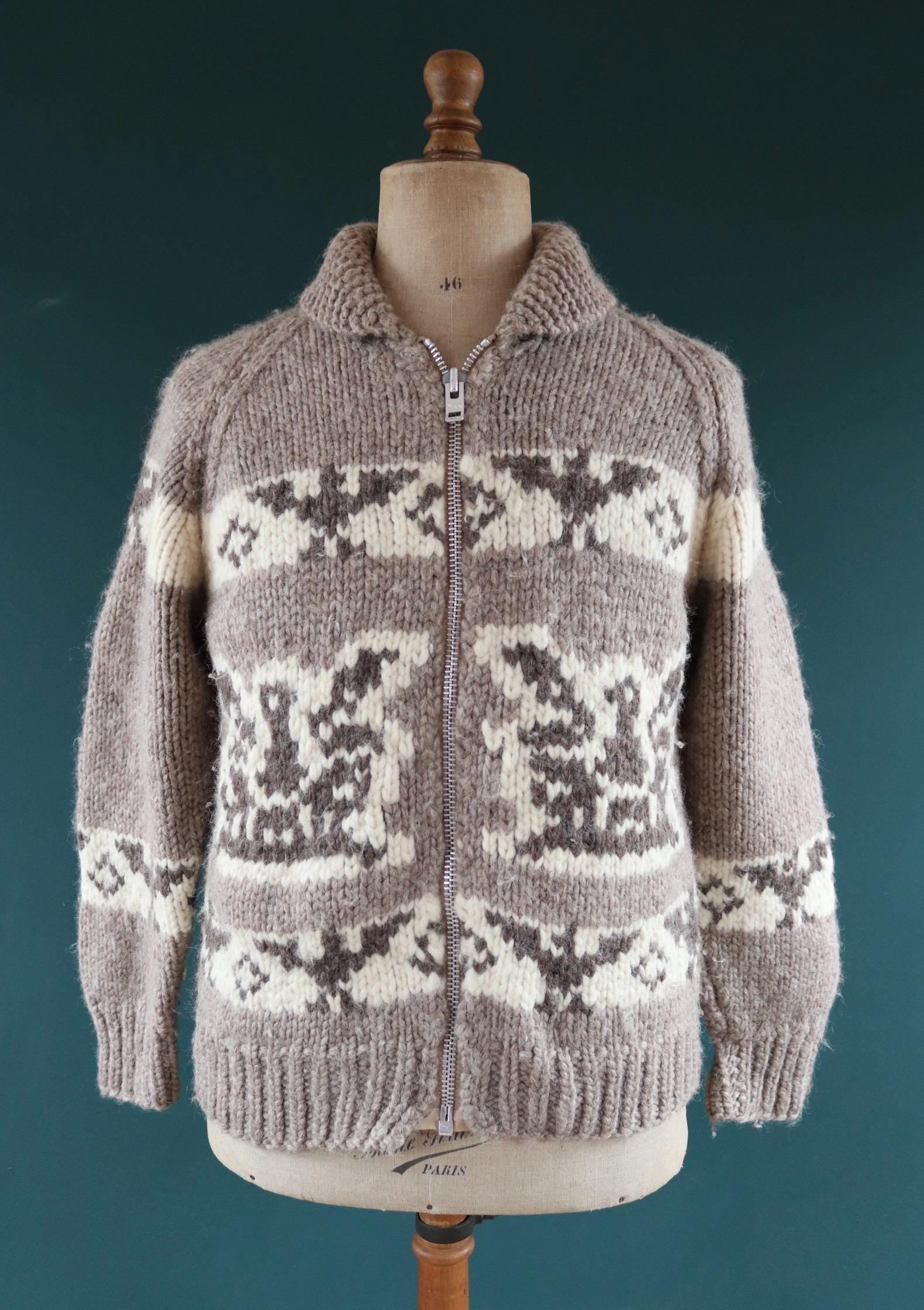 Vintage 1970s Cowichan wool cardigan - hand knitted - 1980s chunky winter sweater - 42" chest