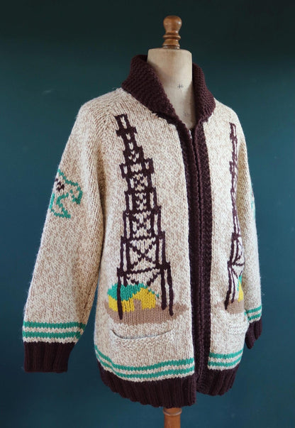 Vintage 1960s wool Cowichan sweater - novelty knit cardigan - oil derrick design - 46” chest