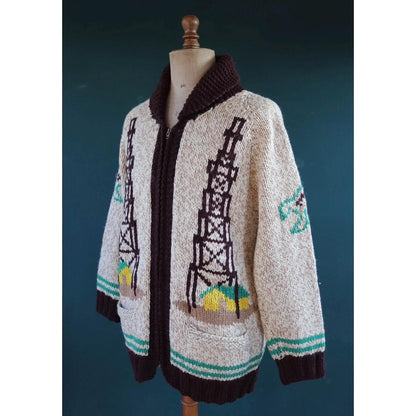 Vintage 1960s wool Cowichan sweater - novelty knit cardigan - oil derrick design - 46” chest