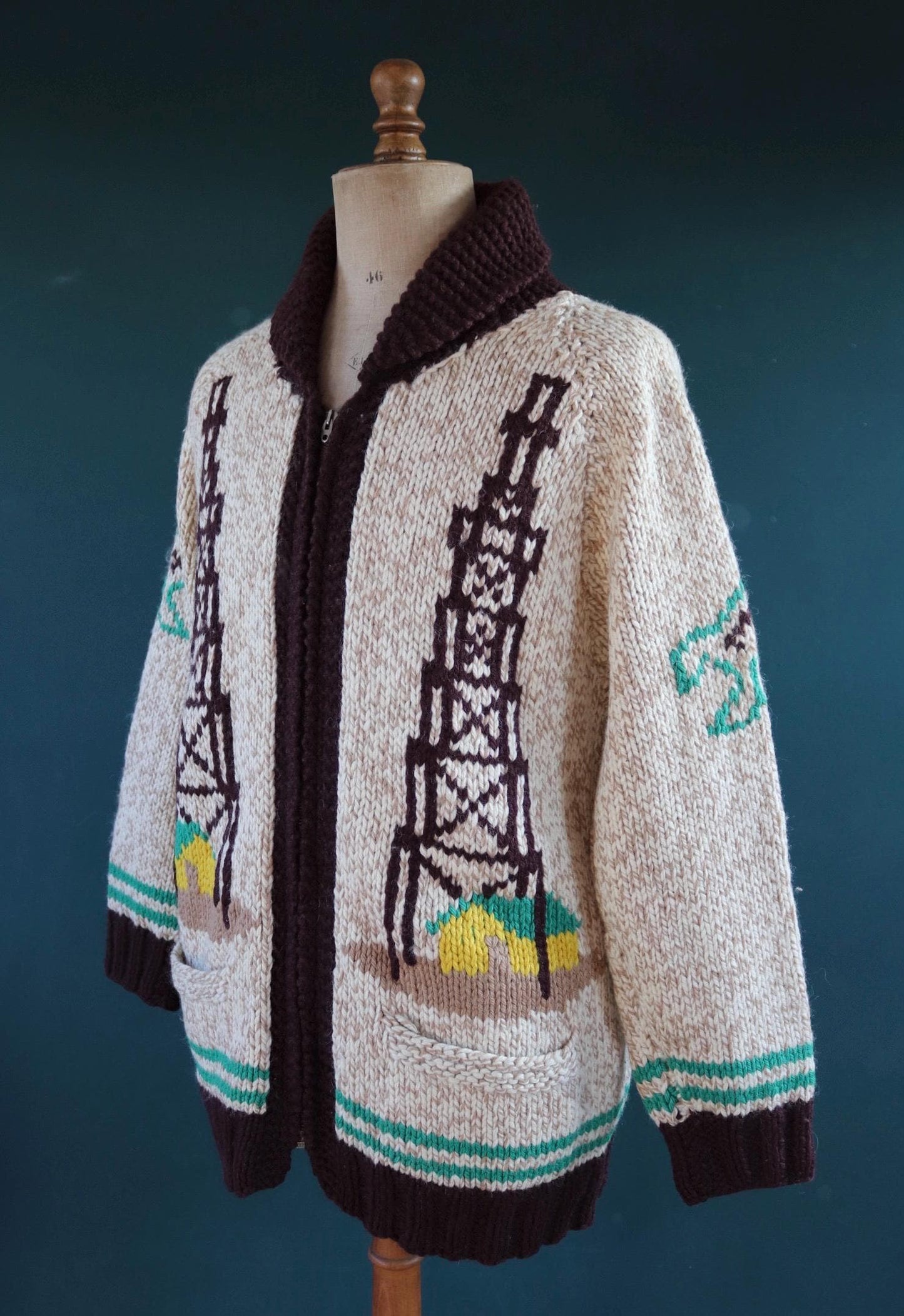Vintage 1960s wool Cowichan sweater - novelty knit cardigan - oil derrick design - 46” chest