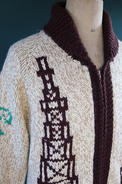 Vintage 1960s wool Cowichan sweater - novelty knit cardigan - oil derrick design - 46” chest