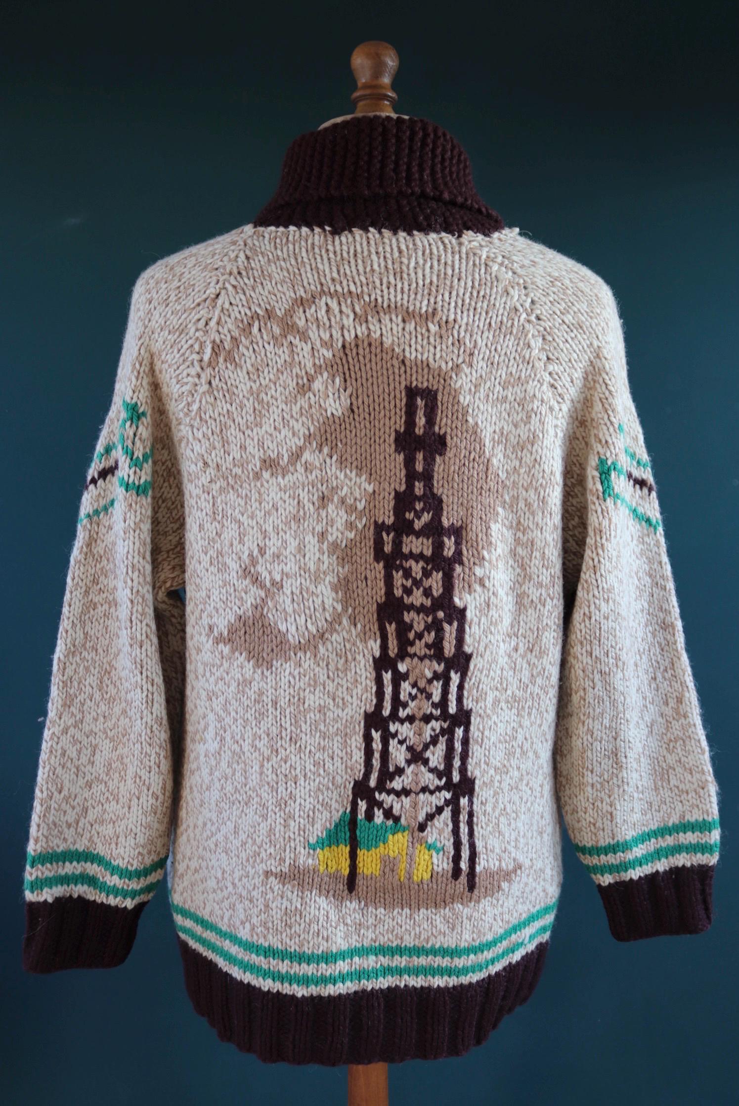 Vintage 1960s wool Cowichan sweater - novelty knit cardigan - oil derrick design - 46” chest
