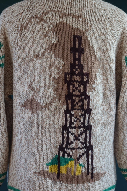 Vintage 1960s wool Cowichan sweater - novelty knit cardigan - oil derrick design - 46” chest