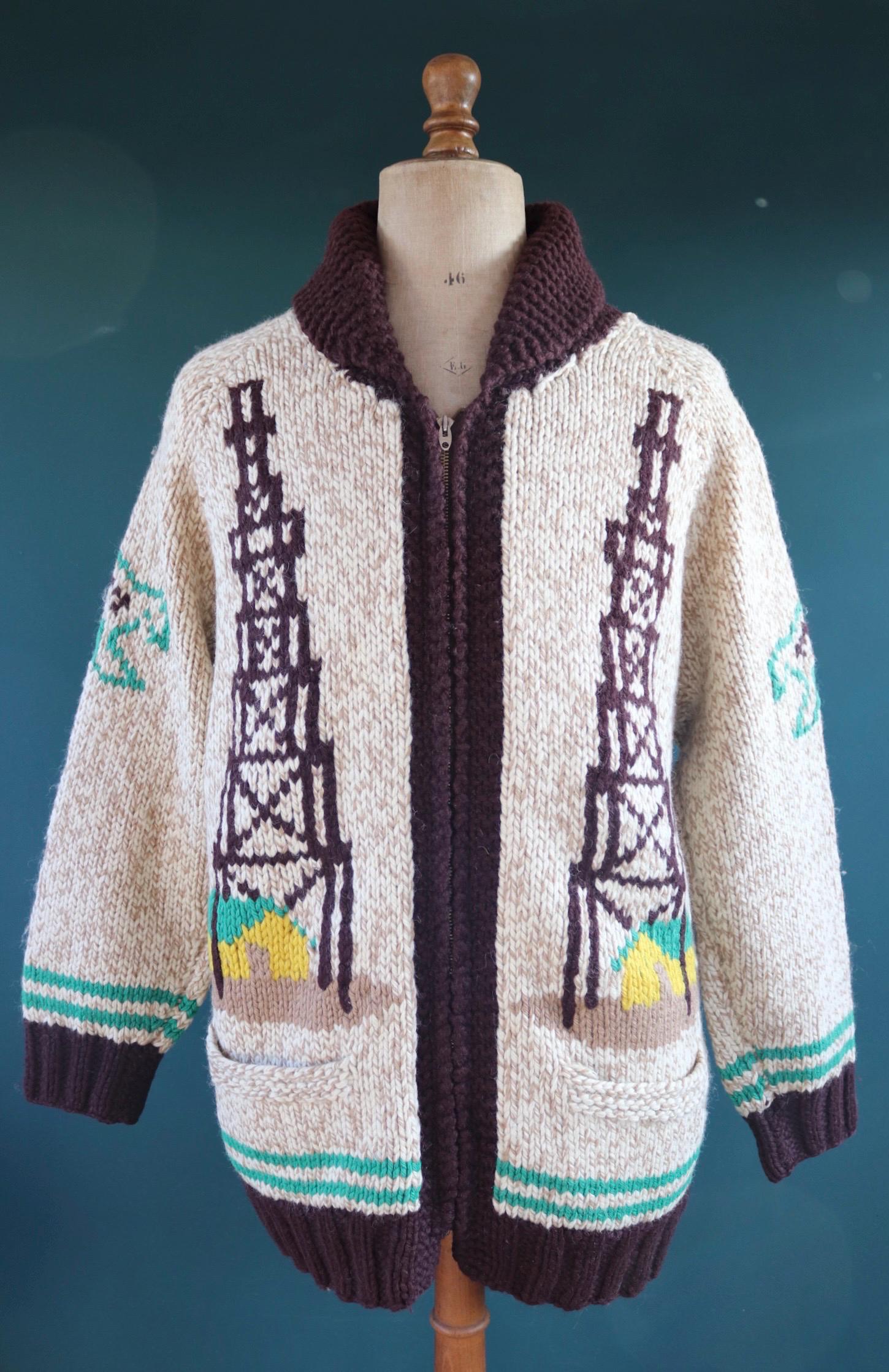Vintage 1960s wool Cowichan sweater - novelty knit cardigan - oil derrick design - 46” chest