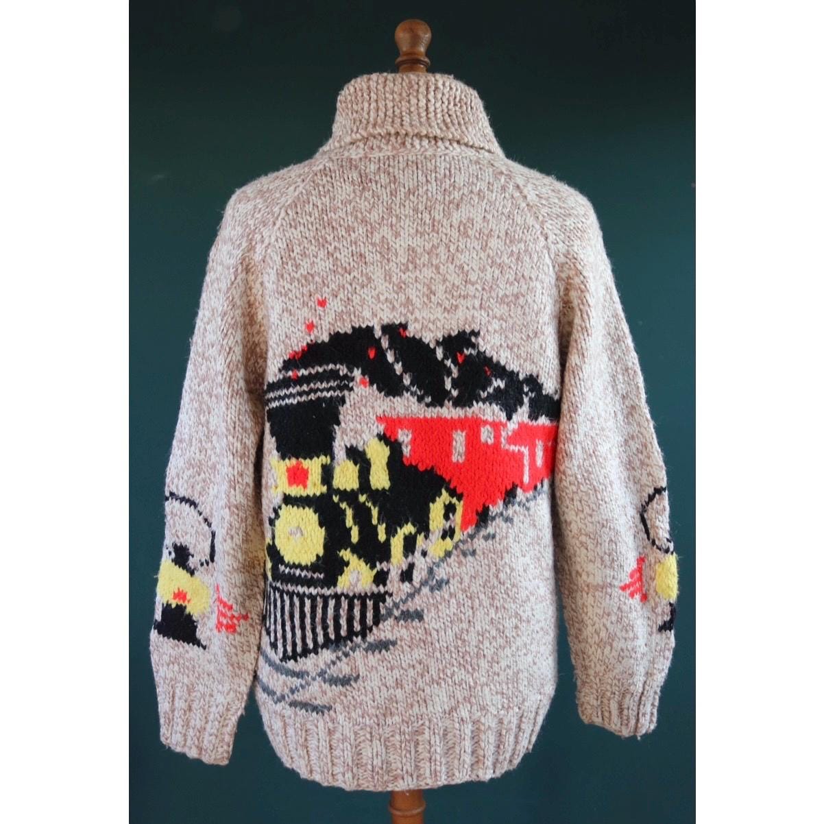 Vintage 1960s Cowichan sweater - 1970s novelty hand knit - shawl collar - train design jumper - 43” chest