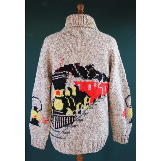 Vintage 1960s Cowichan sweater - 1970s novelty hand knit - shawl collar - train design jumper - 43” chest