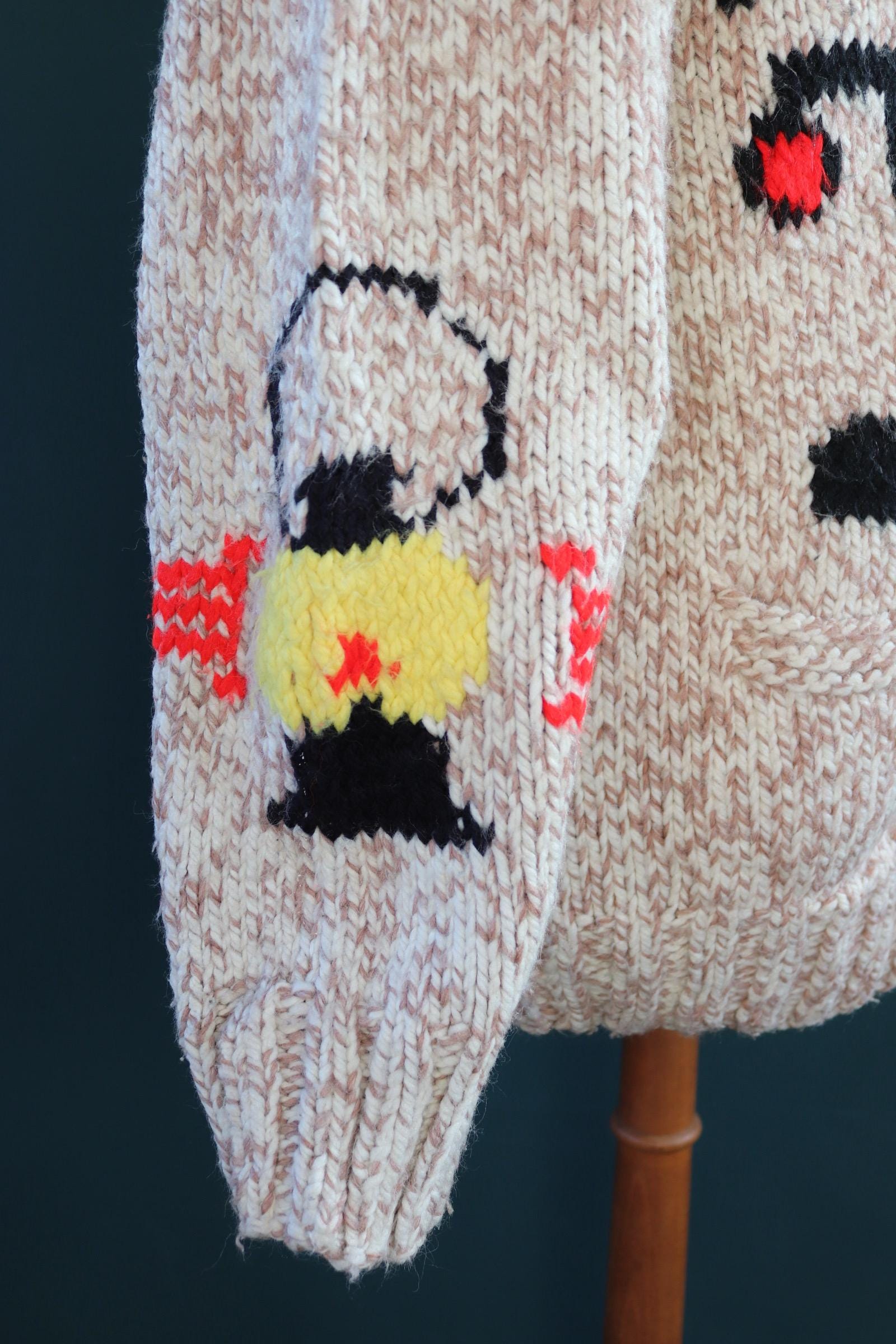 Vintage 1960s Cowichan sweater - 1970s novelty hand knit - shawl collar - train design jumper - 43” chest