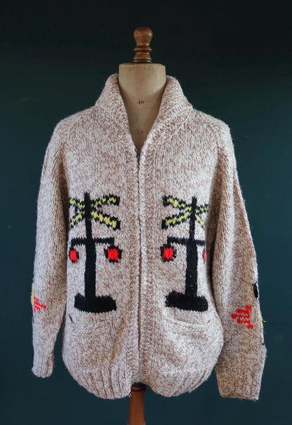 Vintage 1960s Cowichan sweater - 1970s novelty hand knit - shawl collar - train design jumper - 43” chest