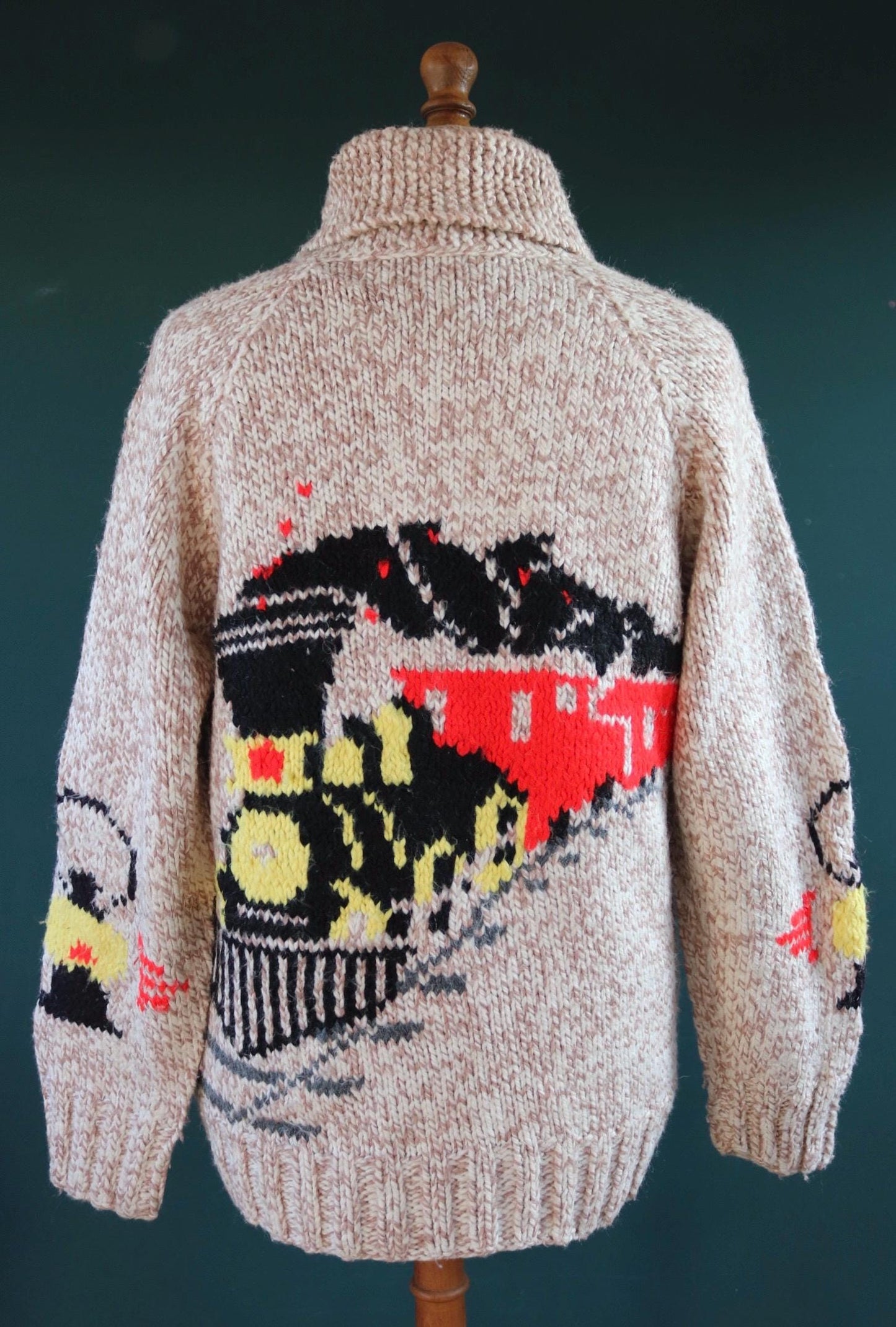 Vintage 1960s Cowichan sweater - 1970s novelty hand knit - shawl collar - train design jumper - 43” chest