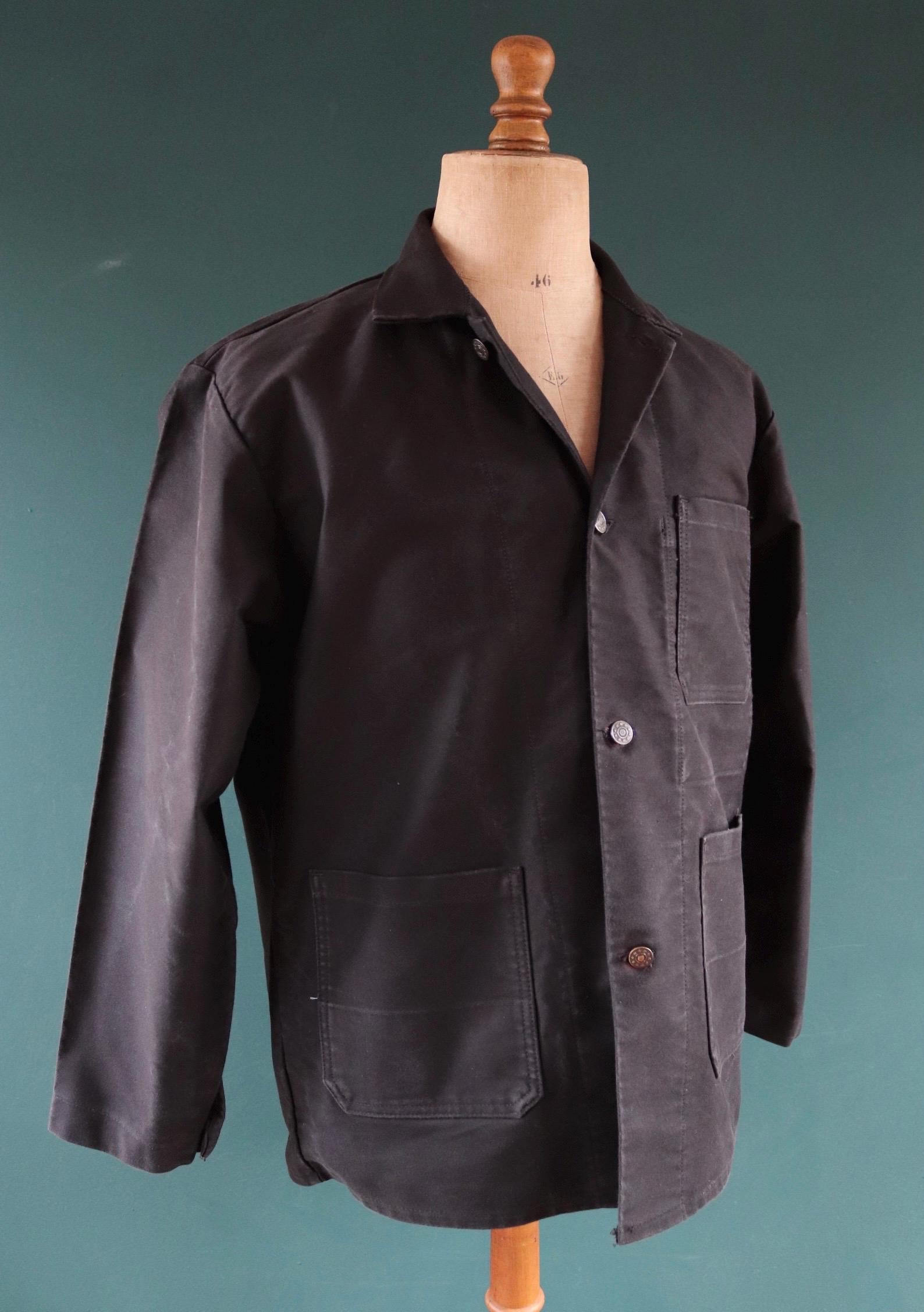 Vintage French black moleskin workwear jacket - chore coat - 45" chest