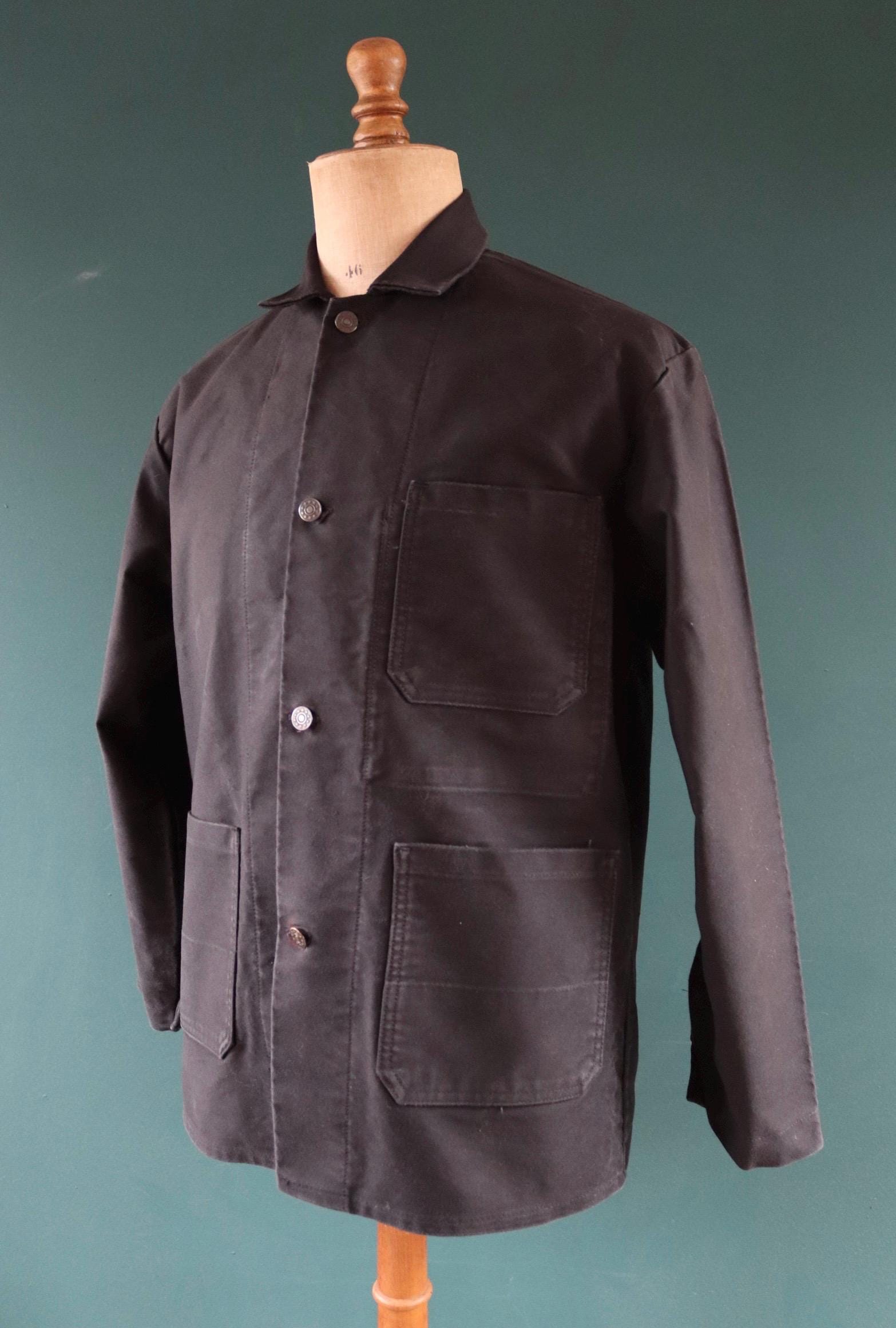 Vintage French black moleskin workwear jacket - chore coat - 45" chest