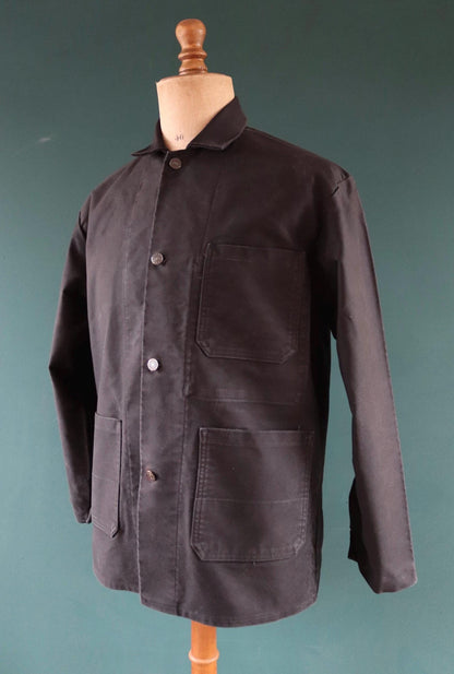 Vintage French black moleskin workwear jacket - chore coat - 45" chest