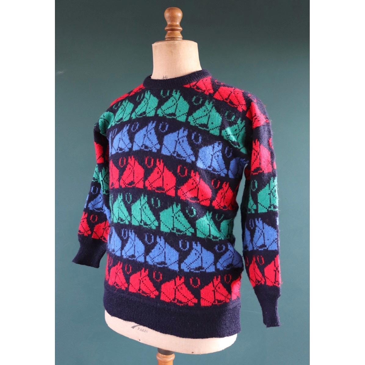 Vintage 1980s knitted wool jumper - horse sweater - novelty knitwear - 39” chest