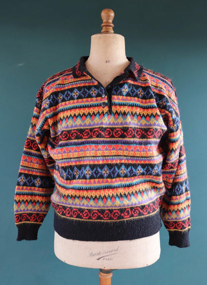 Vintage 1980s knitted jumper - crazy pattern sweater - 44” chest