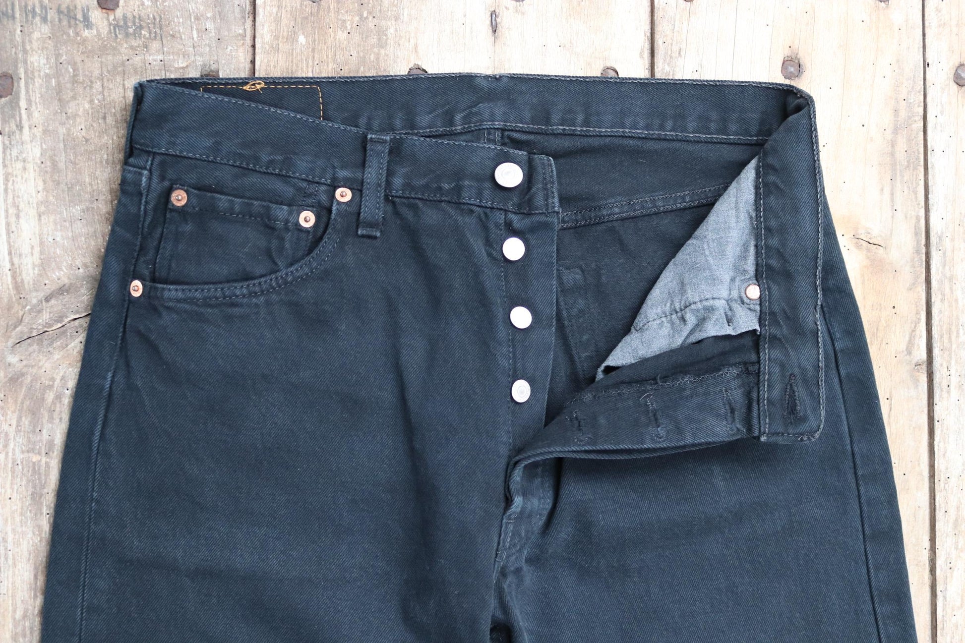 Vintage Levis 501 jeans - black denim workwear - made in UK - 32" x 34"