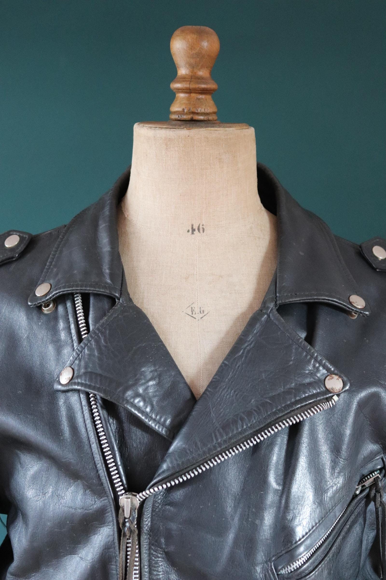 Vintage 1980s black leather biker jacket - 46” chest
