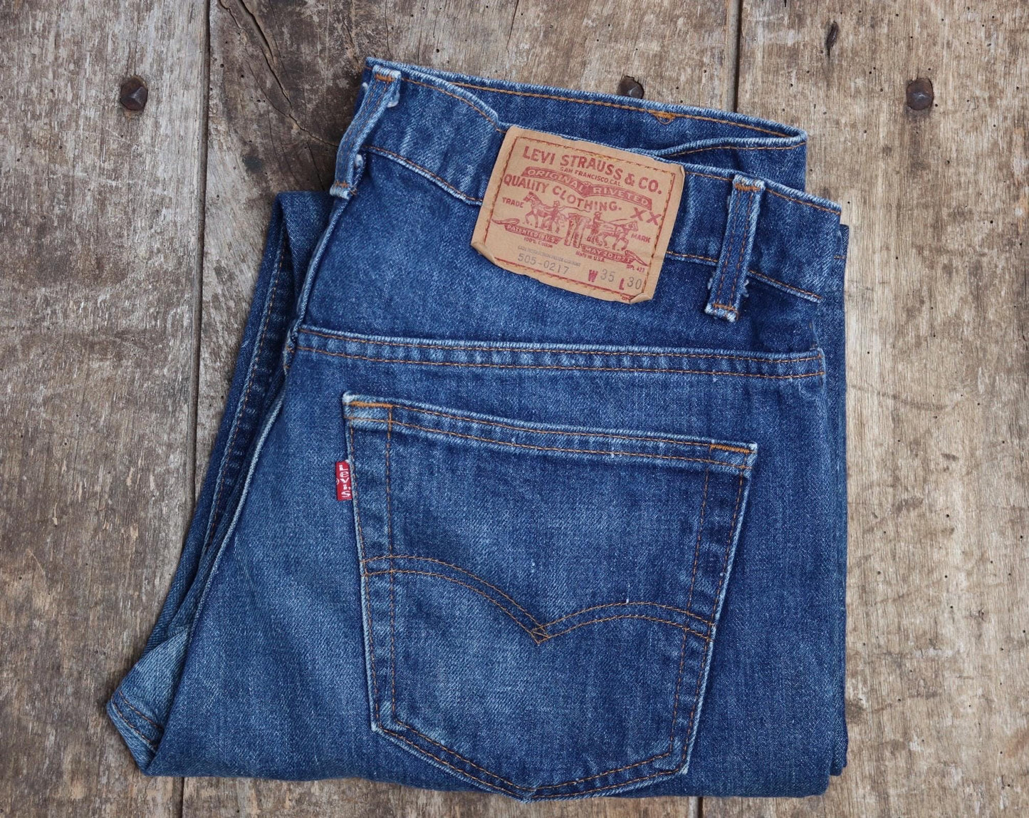 Vintage 1980s Levis 505 denim jeans - made in USA - small e red tab - 34” x 30”