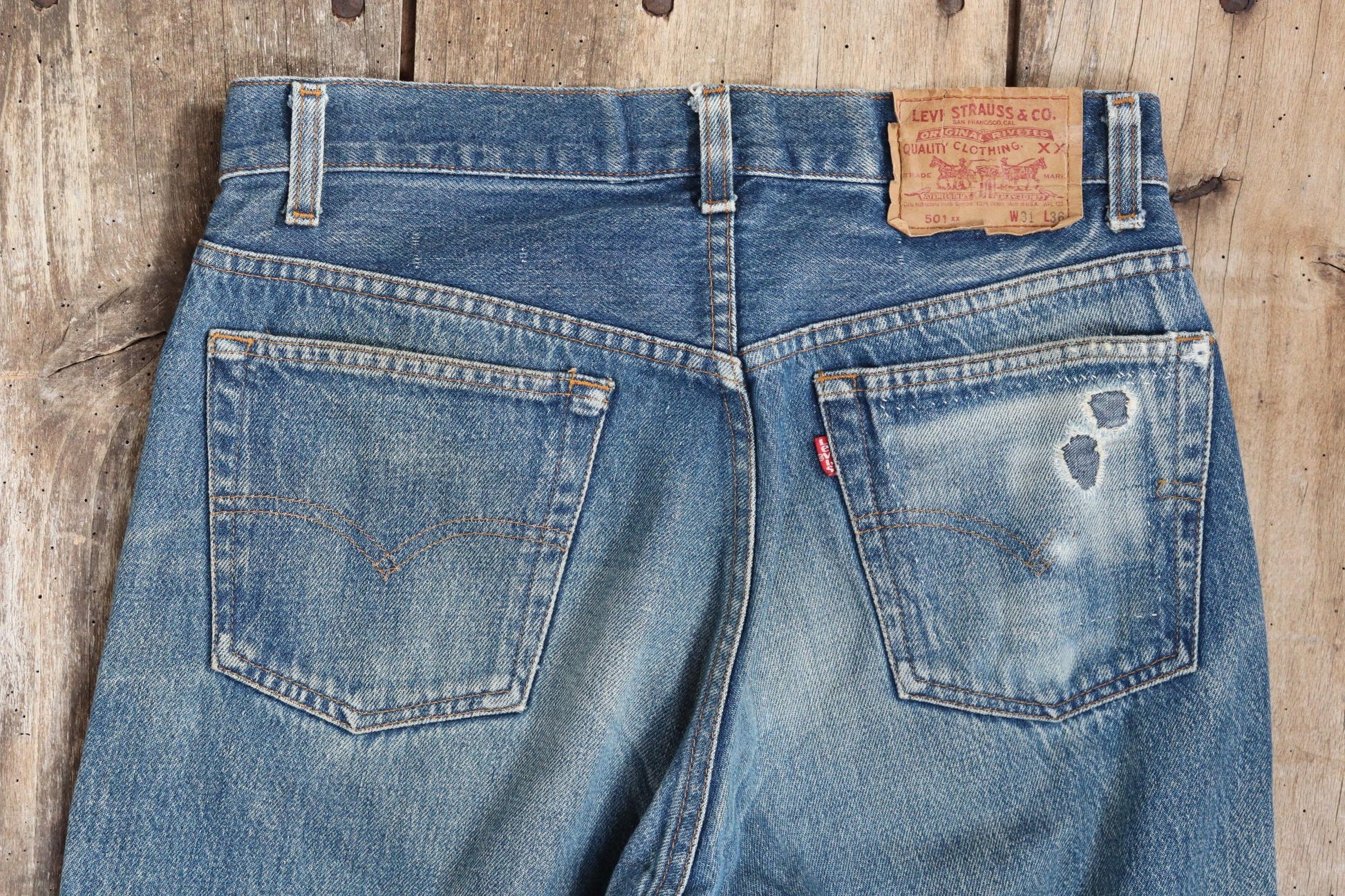 Vintage 1980s Levis 501 denim jeans - made in USA - small e red tab - Valencia St - 30” x 31”