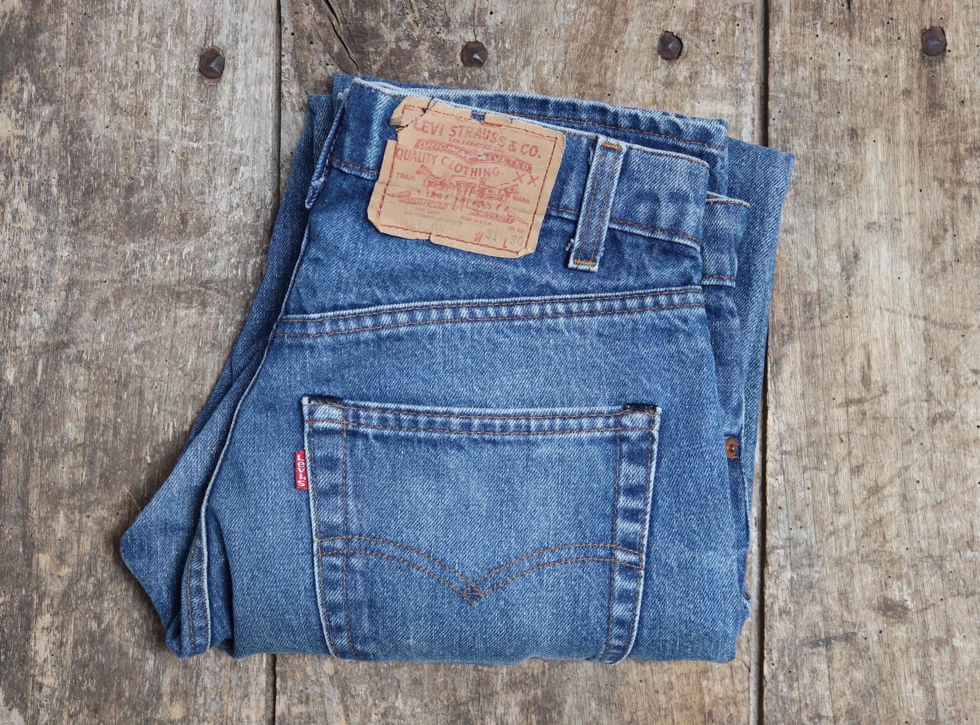 Vintage 1990s Levis 505 denim jeans - made in USA - small e red tab - 30” x 31”