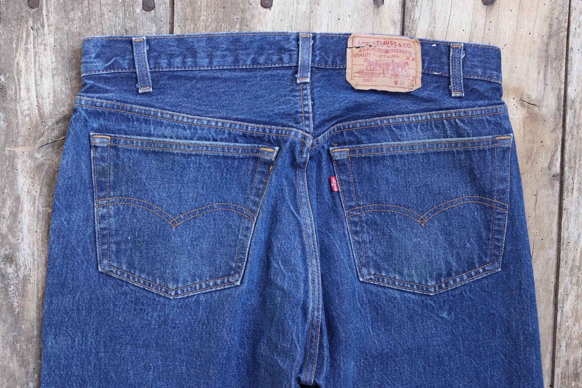 Vintage 1980s Levis 501 denim jeans - made in USA - small e red tab - 35” x 32”
