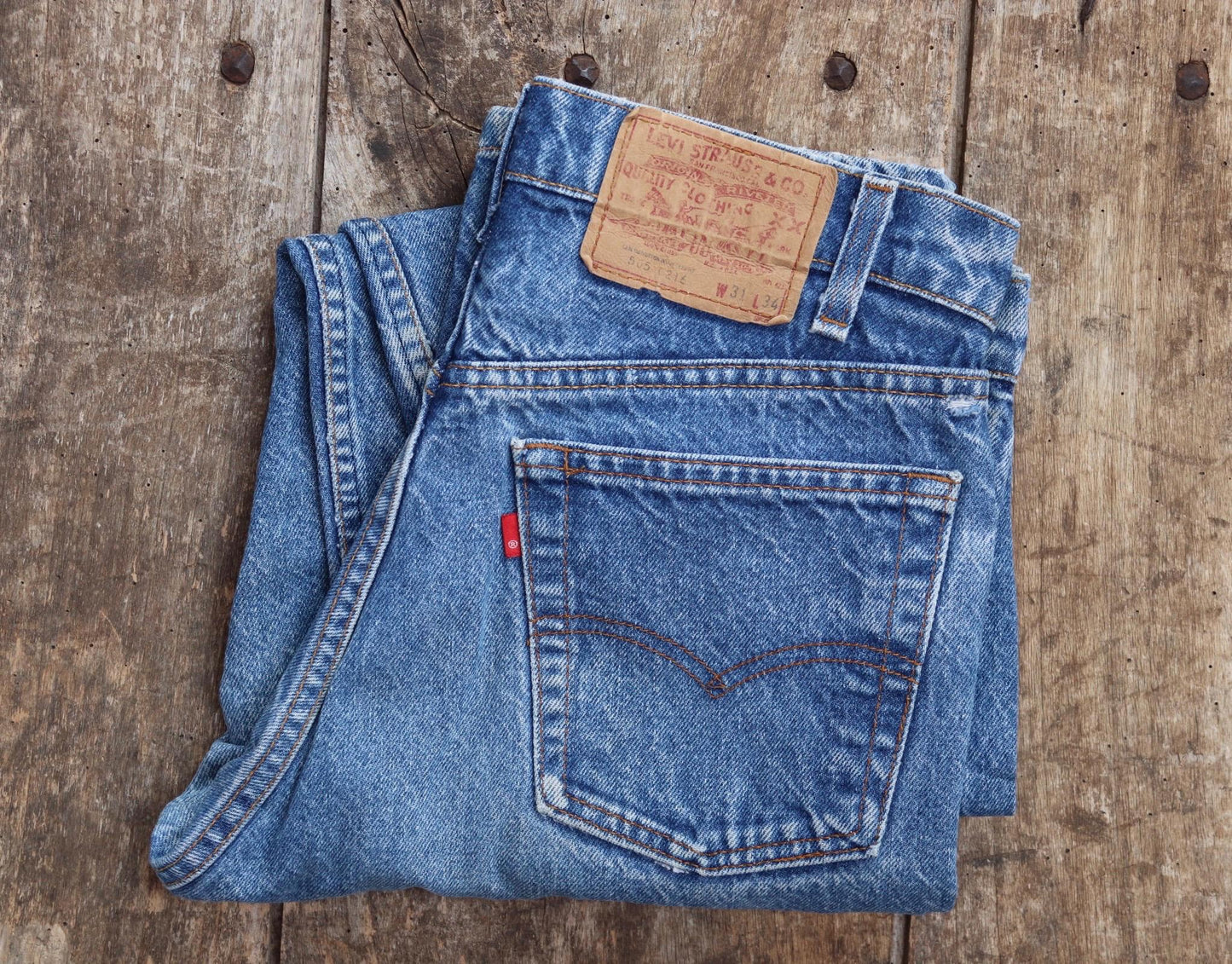 Vintage 1980s Levis 505 denim jeans - made in USA - small e red tab - 30” x 31”