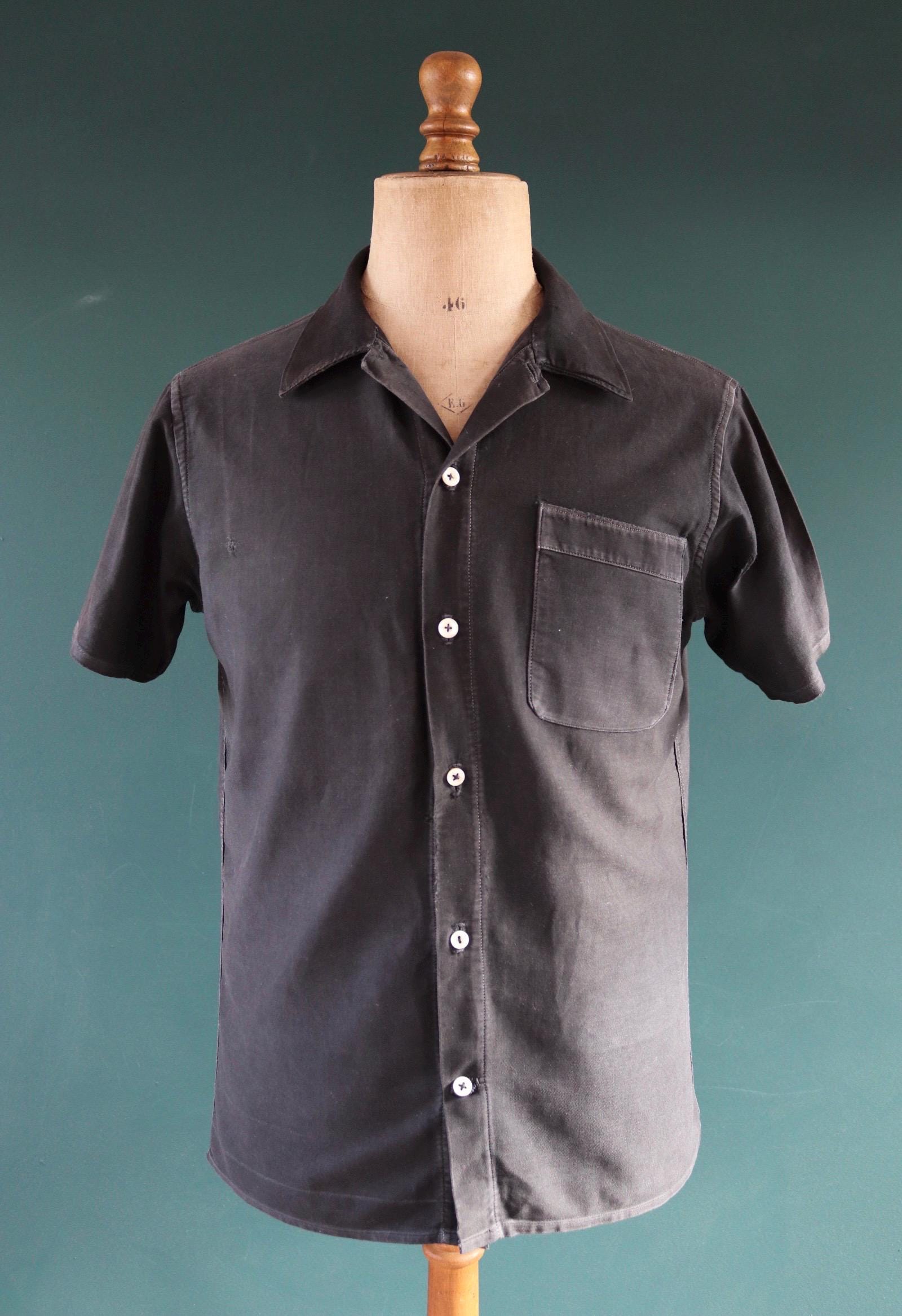 Vintage 1940s French workwear shirt - faded black moleskin cotton - darned and repaired - 42” chest