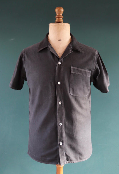 Vintage 1940s French workwear shirt - faded black moleskin cotton - darned and repaired - 42” chest