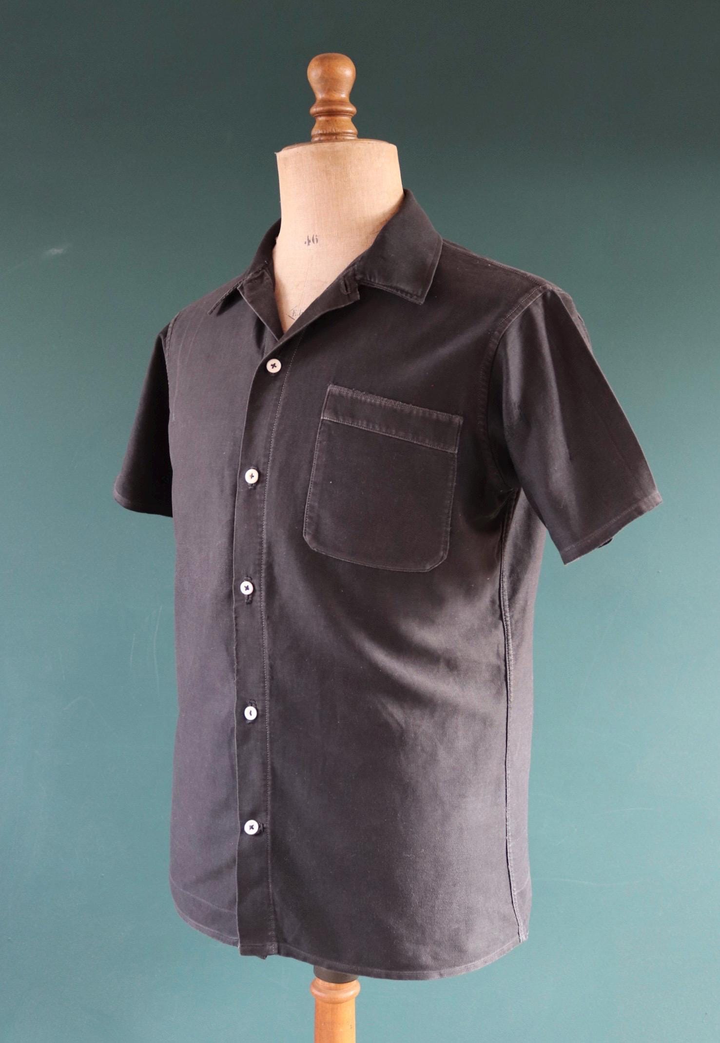 Vintage 1940s French workwear shirt - faded black moleskin cotton - darned and repaired - 42” chest