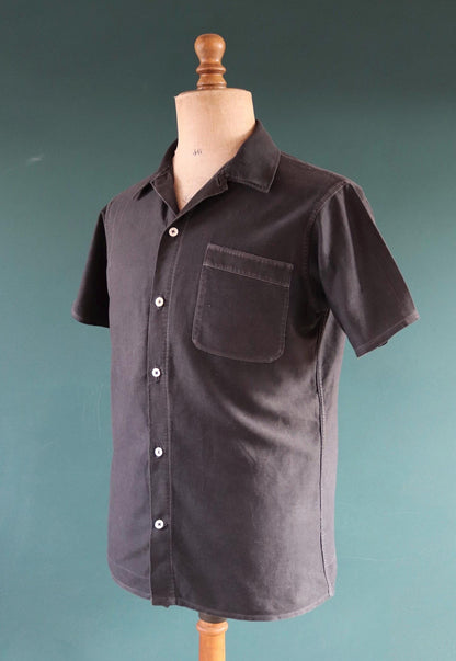 Vintage 1940s French workwear shirt - faded black moleskin cotton - darned and repaired - 42” chest