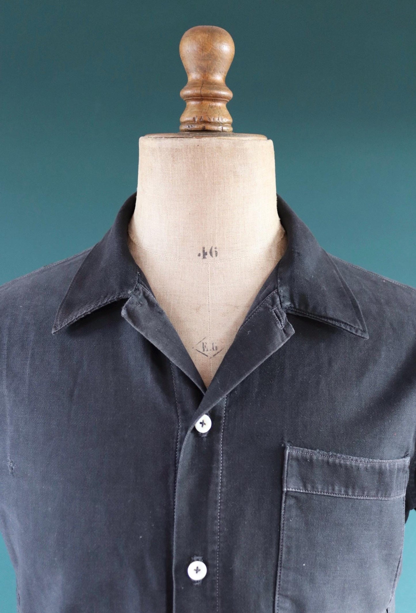Vintage 1940s French workwear shirt - faded black moleskin cotton - darned and repaired - 42” chest