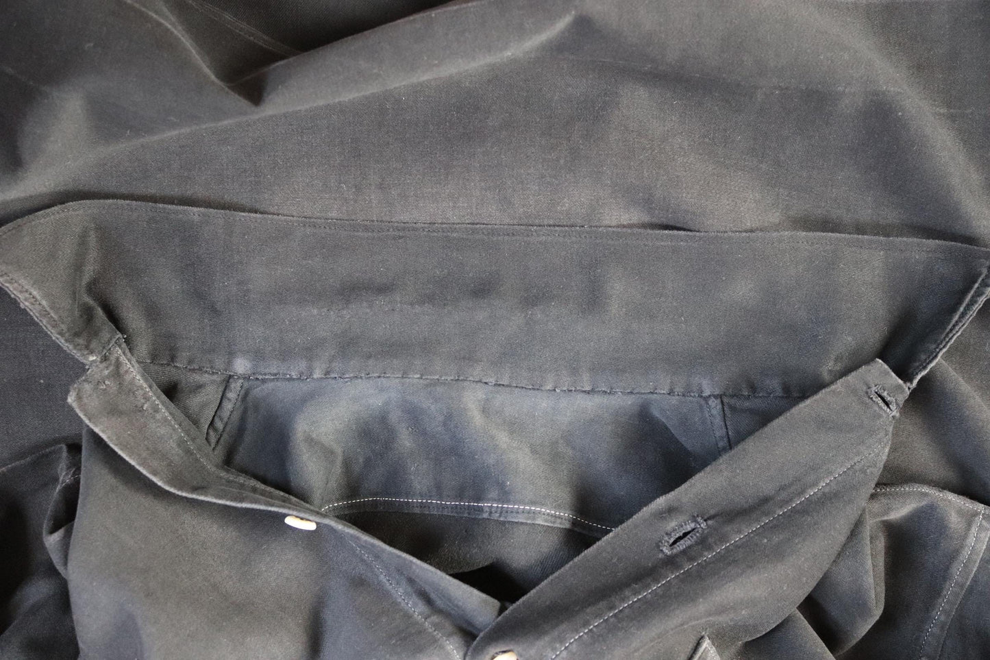 Vintage 1940s French workwear shirt - faded black moleskin cotton - darned and repaired - 42” chest