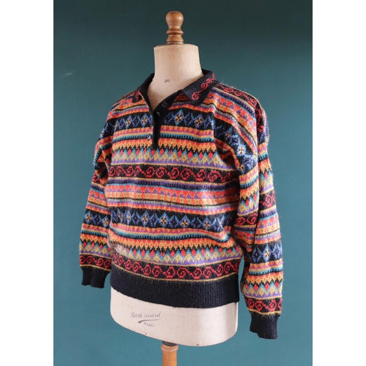 Vintage 1980s knitted jumper - crazy pattern sweater - 44” chest