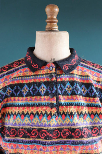 Vintage 1980s knitted jumper - crazy pattern sweater - 44” chest