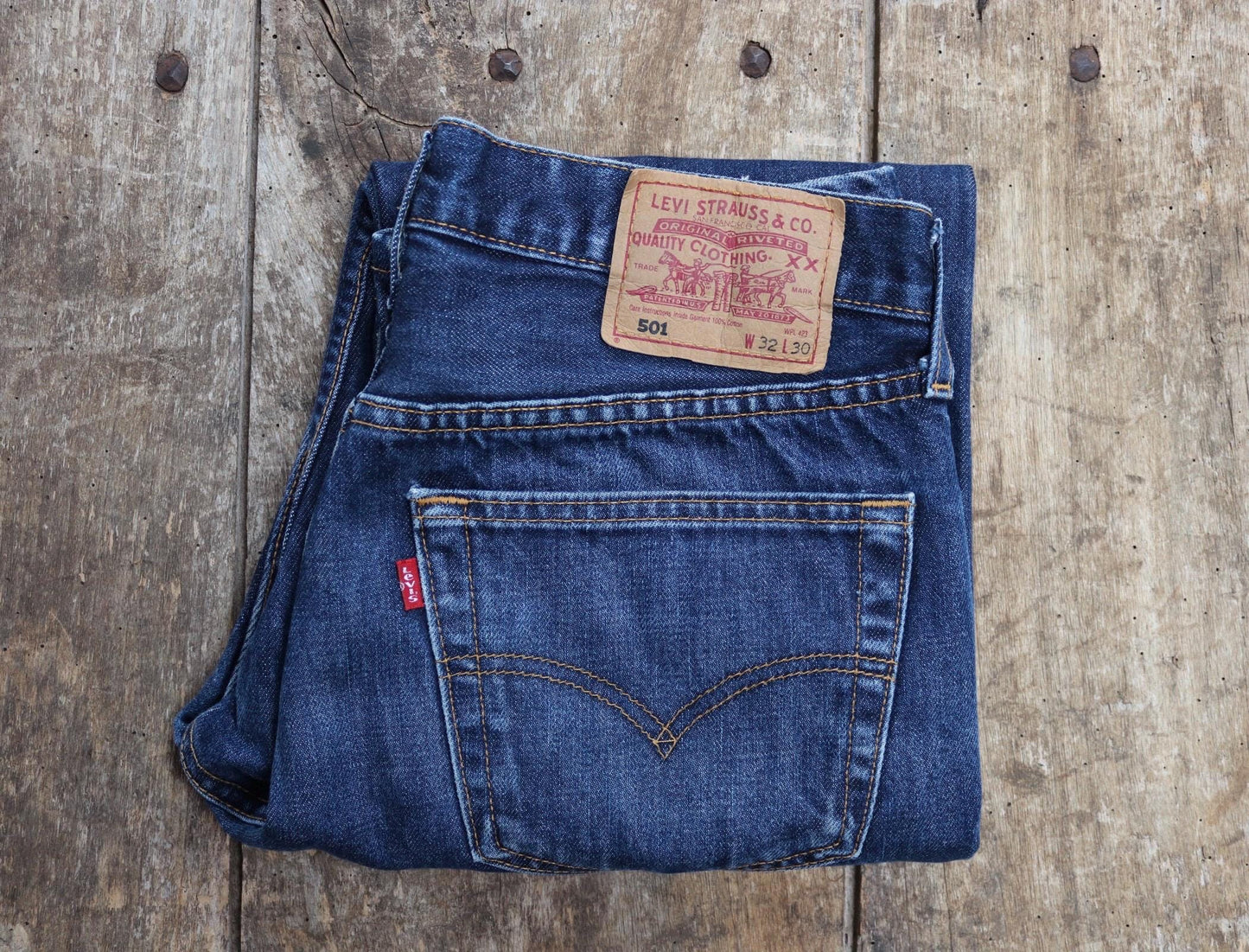 Vintage Levis 501 jeans - blue denim workwear - made in UK - 30" x 29"
