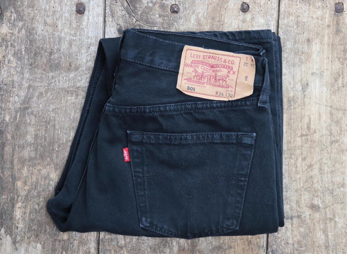 Vintage Levis 501 jeans - black denim workwear - made in UK - 32" x 34"