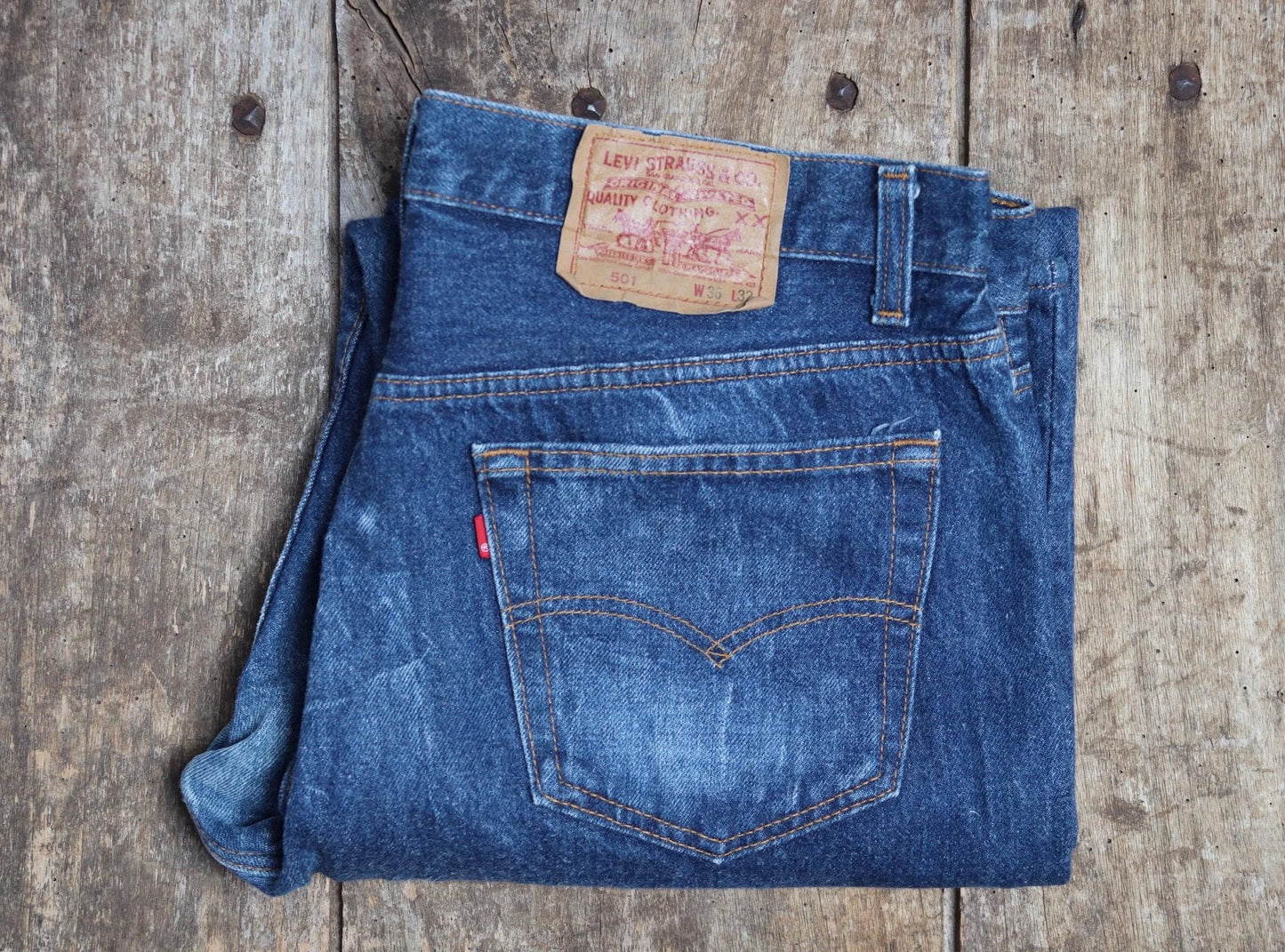 Vintage 1980s Levis 501 denim jeans - made in USA - small e red tab - 35” x 30”