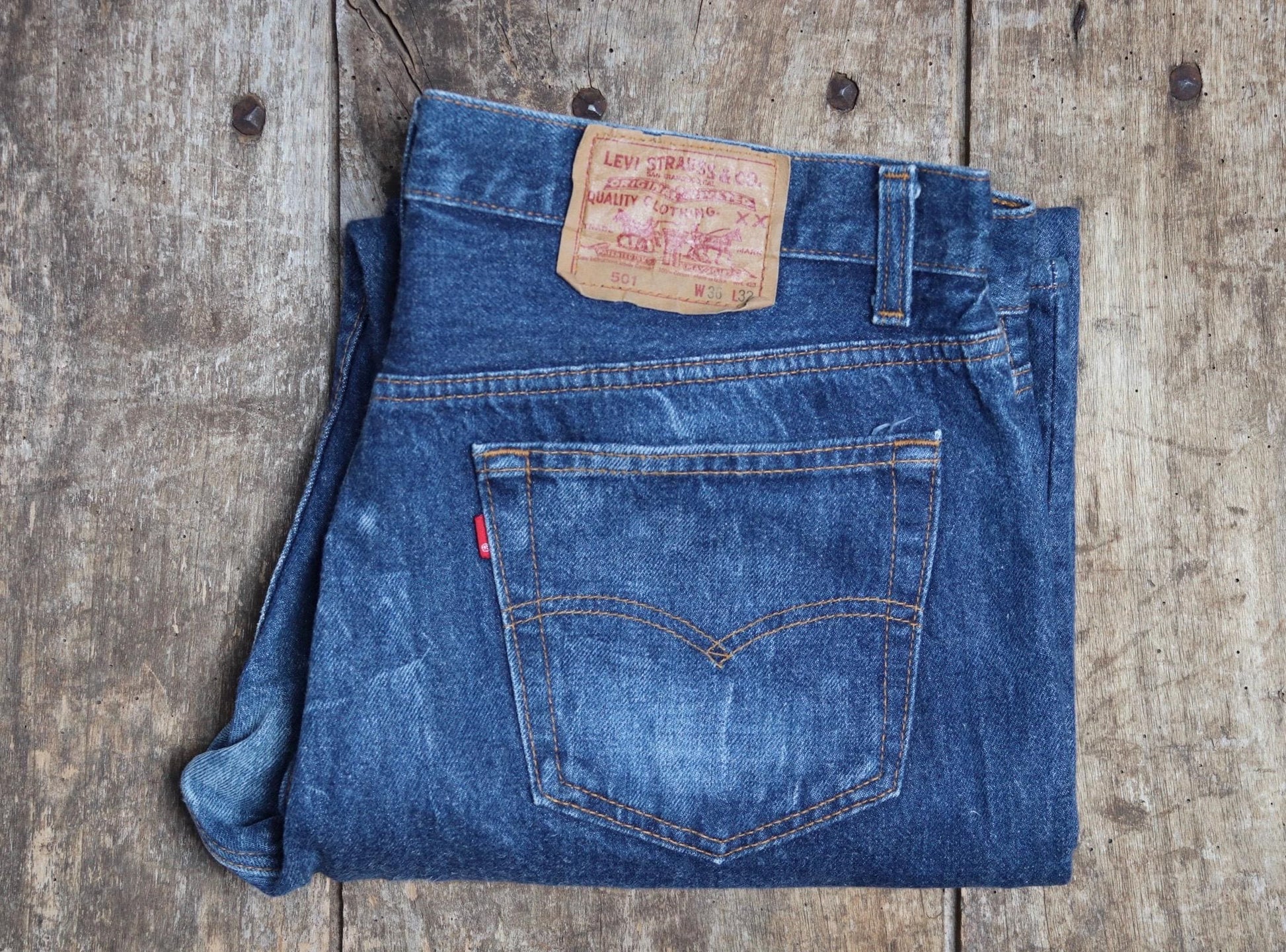 Vintage 1980s Levis 501 denim jeans - made in USA - small e red tab - 35” x 30”