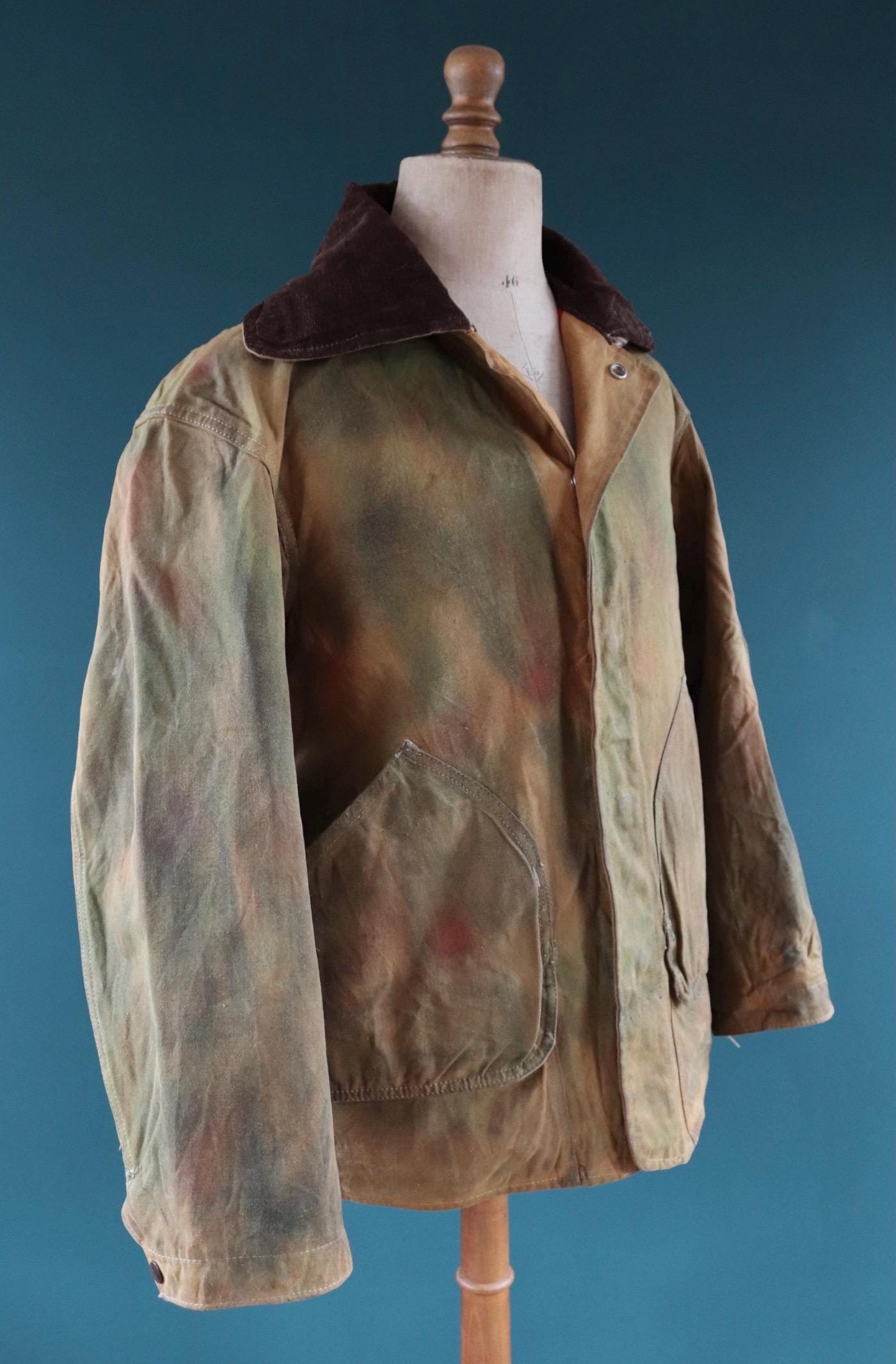 Vintage 1980s hand painted camouflage hunting jacket - tine cloth workwear - 51" chest