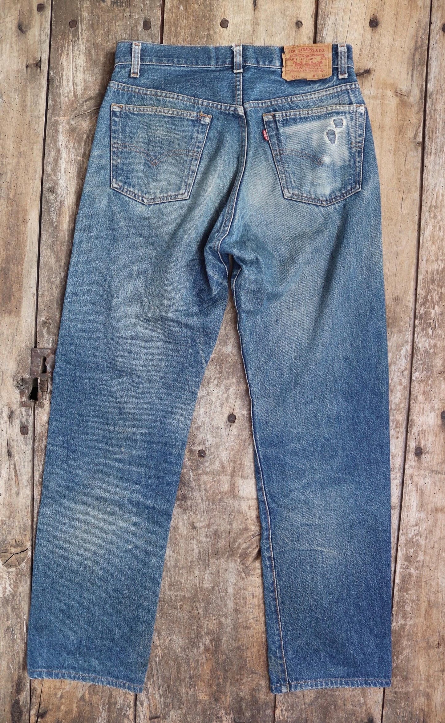 Vintage 1980s Levis 501 denim jeans - made in USA - small e red tab - Valencia St - 30” x 31”