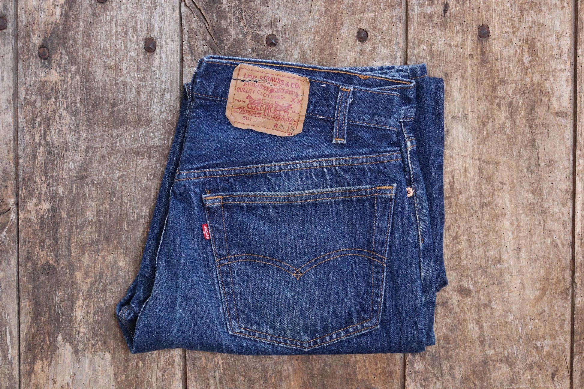 Vintage 1980s Levis 501 denim jeans - made in USA - small e red tab - 35” x 32”