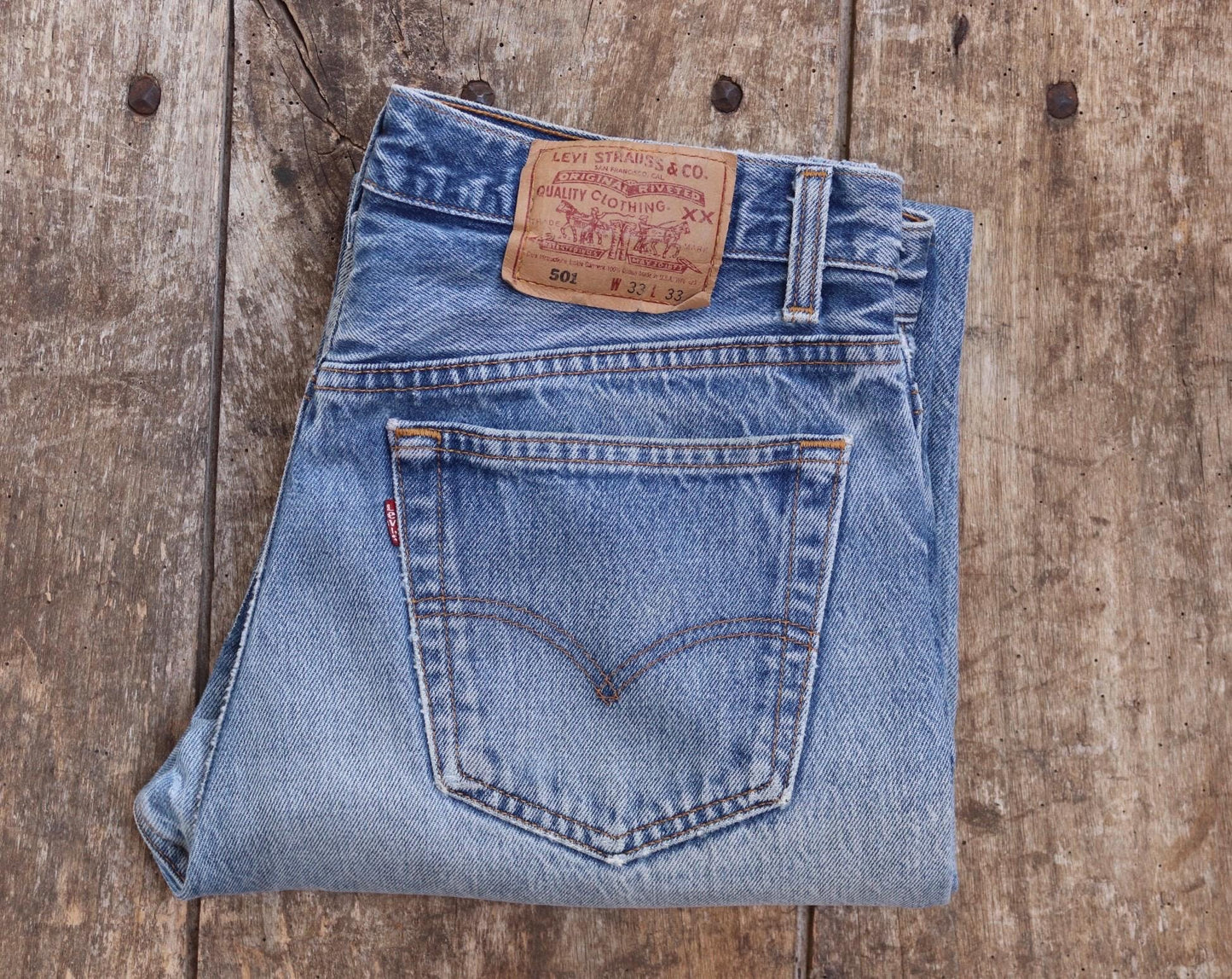 Vintage 1990s Levis 501 denim jeans - made in USA - small e red tab - 32” x 33”