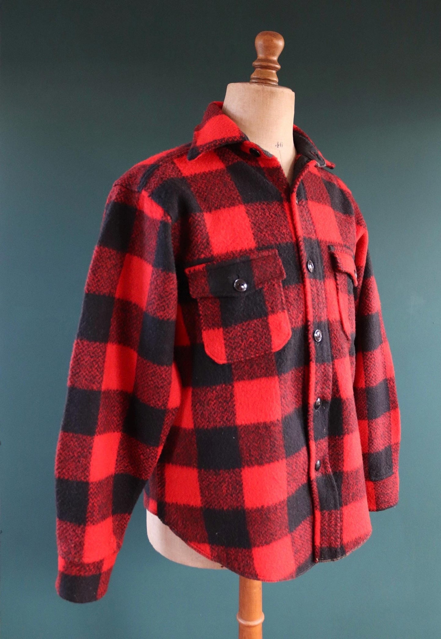 Vintage 1980s Melton wool workwear shirt - buffalo plaid - 46" chest