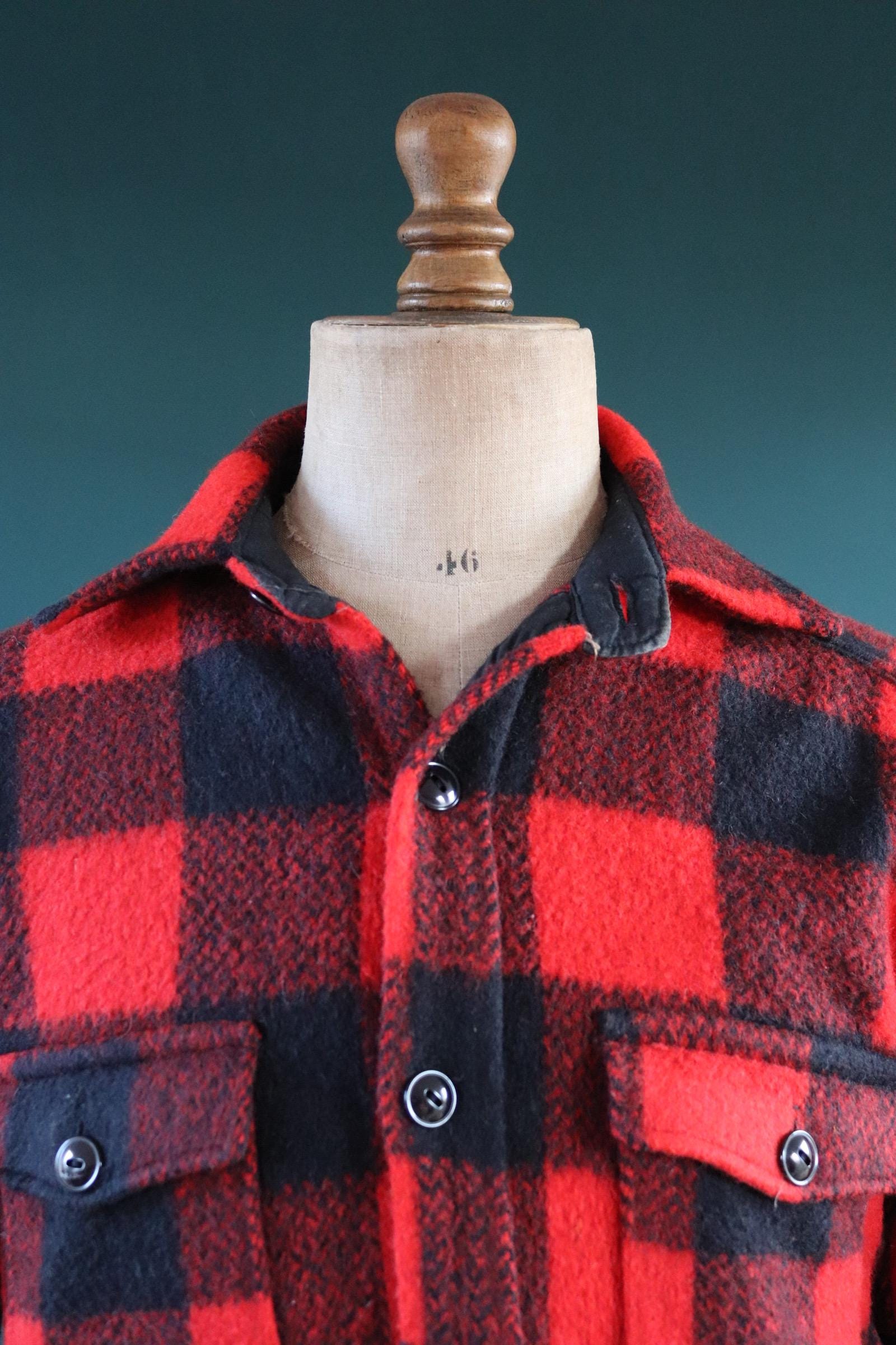Vintage 1980s Melton wool workwear shirt - buffalo plaid - 46" chest