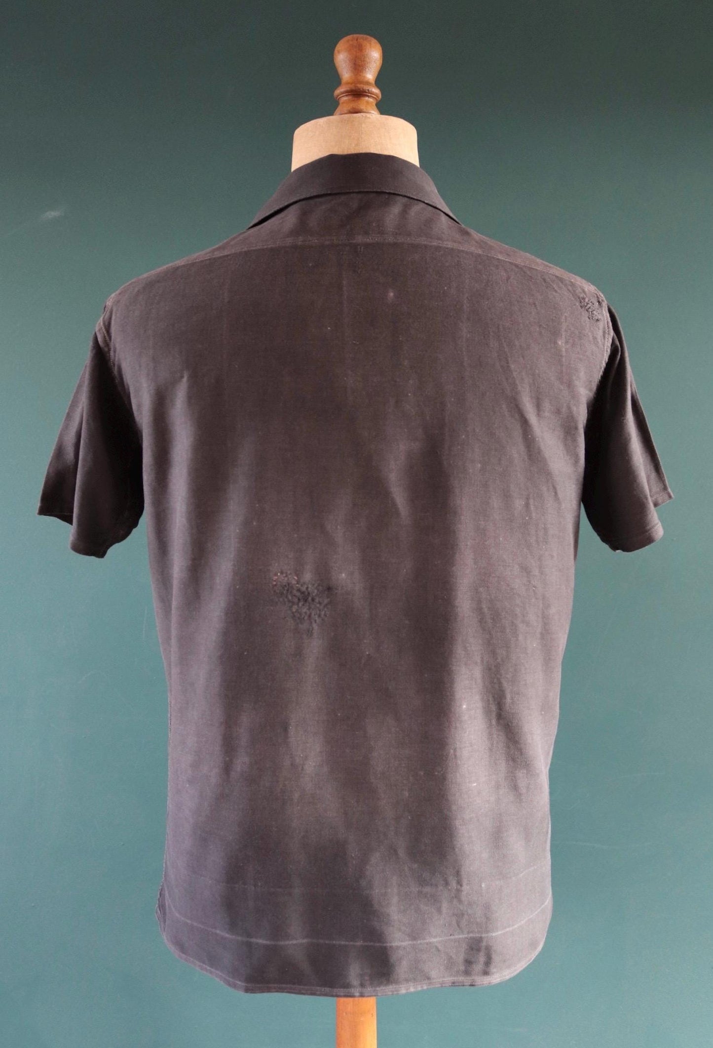 Vintage 1940s French workwear shirt - faded black moleskin cotton - darned and repaired - 42” chest