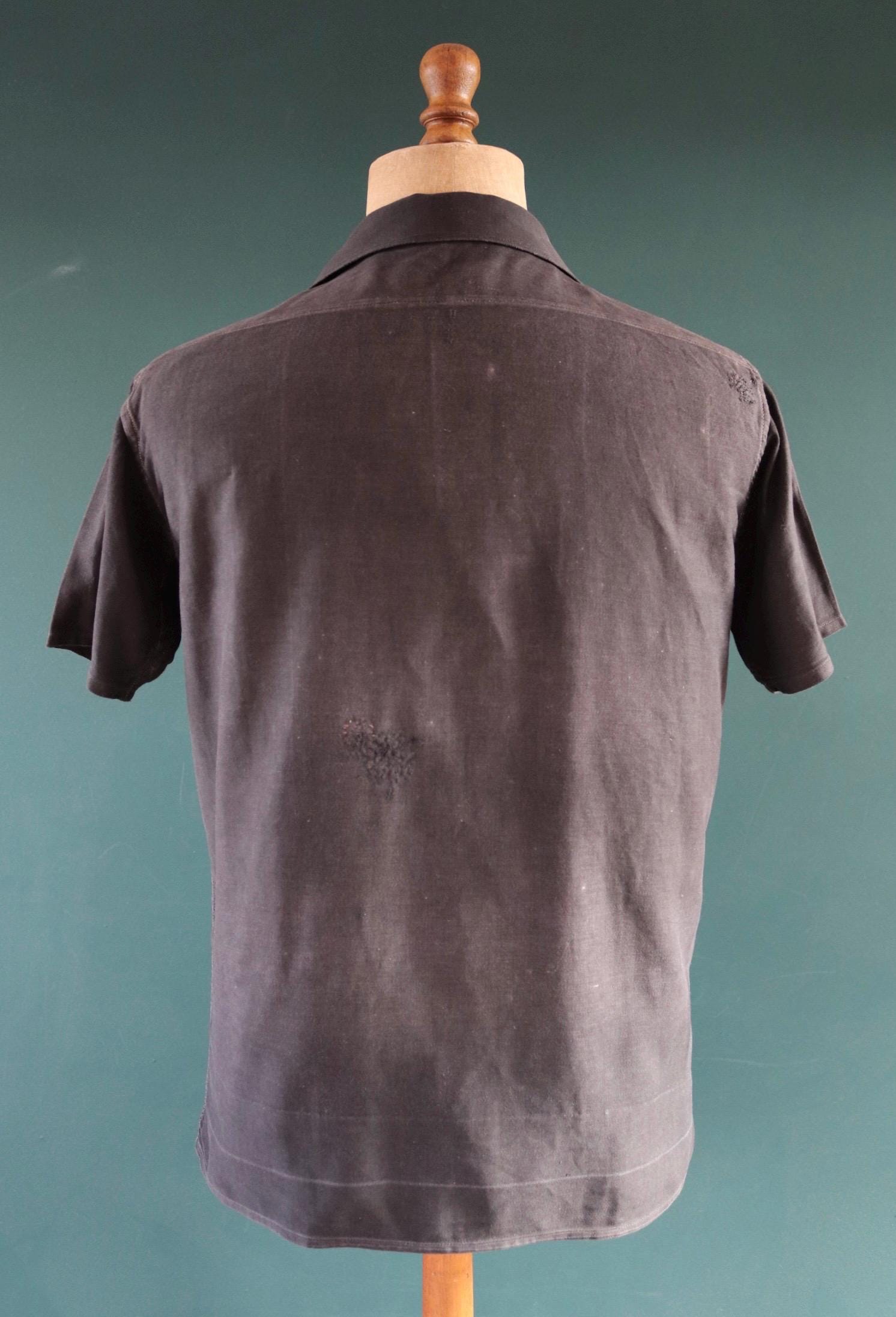Vintage 1940s French workwear shirt - faded black moleskin cotton - darned and repaired - 42” chest