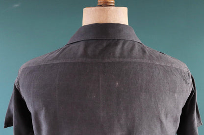 Vintage 1940s French workwear shirt - faded black moleskin cotton - darned and repaired - 42” chest
