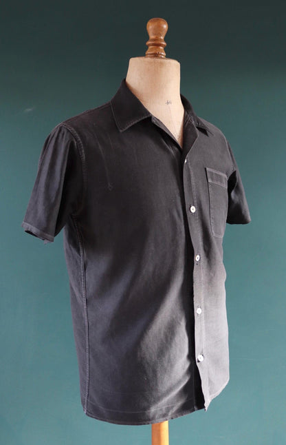 Vintage 1940s French workwear shirt - faded black moleskin cotton - darned and repaired - 42” chest